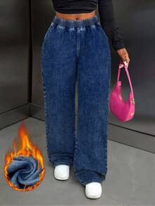 SHEIN Tall Jeans de mezclilla lavados de pierna recta con cintura elástica informal - Azul lavado oscuro - Ver 3