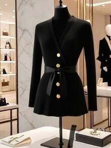 Franclia Women's Autumn/Winter New Arrival Inner Wear & Outerwear, Elegant French Style Casual Sophisticated Slimming Versatile High-Quality Soft High-End Fashionable Metal Button Sweater - Black - View 1