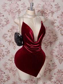 SHEIN ICON Plus Size Velvet Exaggerated Plunging Neckline Rhinestone Decor Backless Criss-Cross High Slit Mini Dress/Christmas