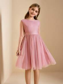 Tween Girl Solid Color Round Neck Mesh Patchwork Long Sleeve Party Dress - Dusty Pink - View 5