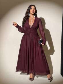 Viva Relle Vestido de fiesta de manga larga con cuello en V profundo y plisado de malla para mujer de talla grande - Marrón - Ver 6