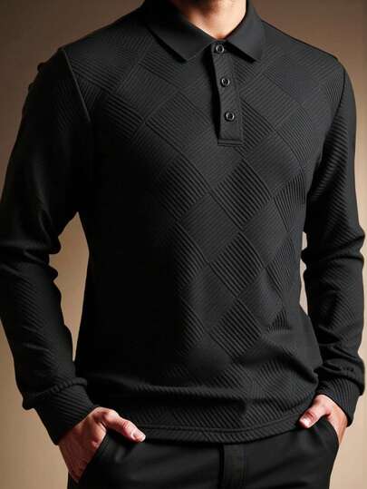 Manfinity Bizformal Camisa polo de manga larga de unicolor para hombre, camisa polo texturizada para hombre, camisa polo de negocios para hombre, camisa polo con botones para hombre, adecuada para ir al trabajo, es un excelente regalo para novio o esposo. Camisa de punto para hombre, camisa polo de manga larga para hombre, camisa de cuello negro para hombre, camisas con cuello para hombre, camisas negras formales para hombre