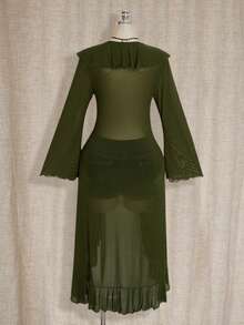 SHEIN ICON Plus Size Military Green Exaggerated Ruffle Front Tie Knit Top - Army Green - View 2