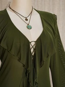 SHEIN ICON Plus Size Military Green Exaggerated Ruffle Front Tie Knit Top - Army Green - View 6