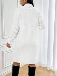 SHEIN Frenchy Plus Size Casual Solid Color Mandarin Collar Dress/Winter - White - View 3