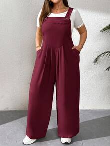 SHEIN Essnce Plus Size Women's Spring And Summer Fashion Casual Loose Comfortable Daily Red Suspenders Wide-Leg Pants Jumpsuit,Summer Outfits For Women,Beach Vacation,Spring Clothes/Winter - Burgundy - View 1