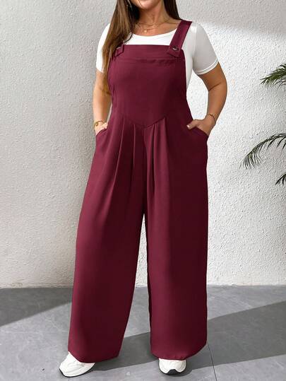 SHEIN Essnce Plusstorlekar Dam Vår- och sommarmode Casual Löst Bekvämt Dagligt Röda Hängslen Vida Byxor Jumpsuit, Sommarkläder För Damer, Strandsemester, Vårkläder