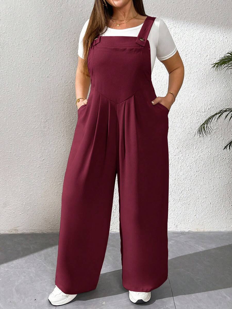 SHEIN Essnce Plus Size Women's Spring And Summer Fashion Casual Loose Comfortable Daily Red Suspenders Wide-Leg Pants Jumpsuit,Summer Outfits For Women,Beach Vacation,Spring Clothes/Winter - Burgundy - View 1