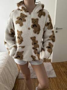 CovetEZ 秋冬款熊纹袋鼠口袋落肩连帽泰迪双面绒卫衣