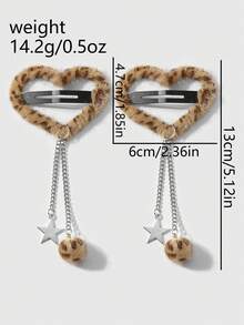 ROMWE Kawaii 2 pezzi Set di fermagli per capelli stile Y2K retrò e chic, decorati con stampa leopardata giallo-marrone lucida, cuore, catena cava d'argento, stella, palla soffice, di alta qualità e minimalista, adatti per uso quotidiano delle donne, regalo per le vacanze - marrone giallastro - Visualizzare 9