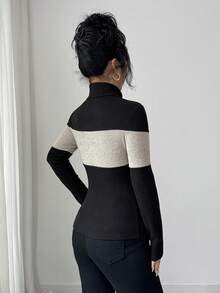 SHEIN Elenzya Camiseta de cuello alto de manga larga y ajustada con contraste de colores para mujer - Negro - Ver 2