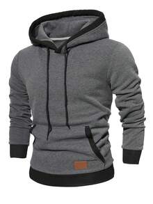 Manfinity Homme Men's Contrast Color Long Sleeve Hooded Sweatshirt With Pockets And Drawstring, Casual For Autumn/Winter Pullovers Hoodie - Dark Grey - View 6