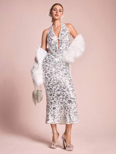 ROMWE Avant 2 pièces Ensemble jupe sirène à paillettes dos nu Y2K pour femmes