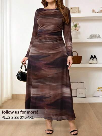 Lounesse 大码女式连帽扎染印花连衣裙，休闲优雅柔软网眼面料，高弹力，春夏季女士正式连衣裙