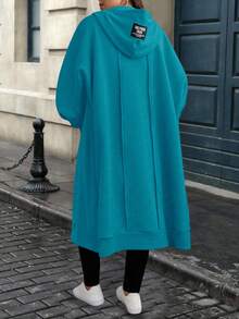 EMERY ROSE Plus Size Casual Letter Printed Hoodie Jacket, Autumn/Winter - Teal Blue - View 2
