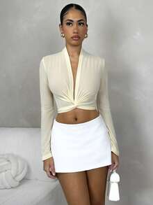 Glamine Blusa de manga larga con cuello en V profundo de unicolor y estilo minimalista, para uso diario