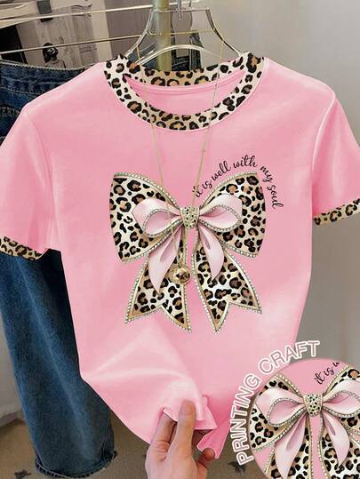 Franclia 女士撞色豹纹蝴蝶结装饰圆领T恤