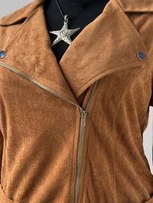 Sunspun Plus Size Women Casual Retro Suede Jacket - Camel - View 6