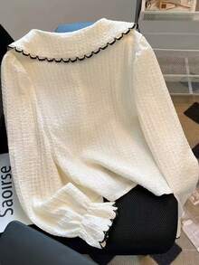 SHEIN Franclia 新款撞色甜美泡泡袖法式袖口大码女式衬衫 - 杏色 - 查看 2