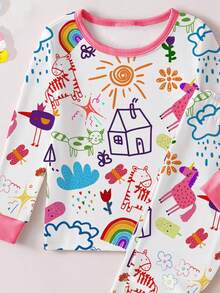 1 set Pijama ajustado con estampado de graffiti de crayones de dibujos animados para niñas jóvenes, con top de manga larga y pantalones, para primavera/otoño - Rosa - Ver 4