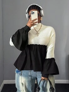 Maweii Plus Size Women Patchwork Stand Collar Pullover Sweater - Black and White - View 6