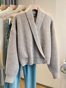 Franclia 女士简约纯色休闲日常通勤百搭翻领V领纽扣开衫毛衣，优雅落肩长袖针织上衣，秋冬款 - 卡其色 - 查看 3