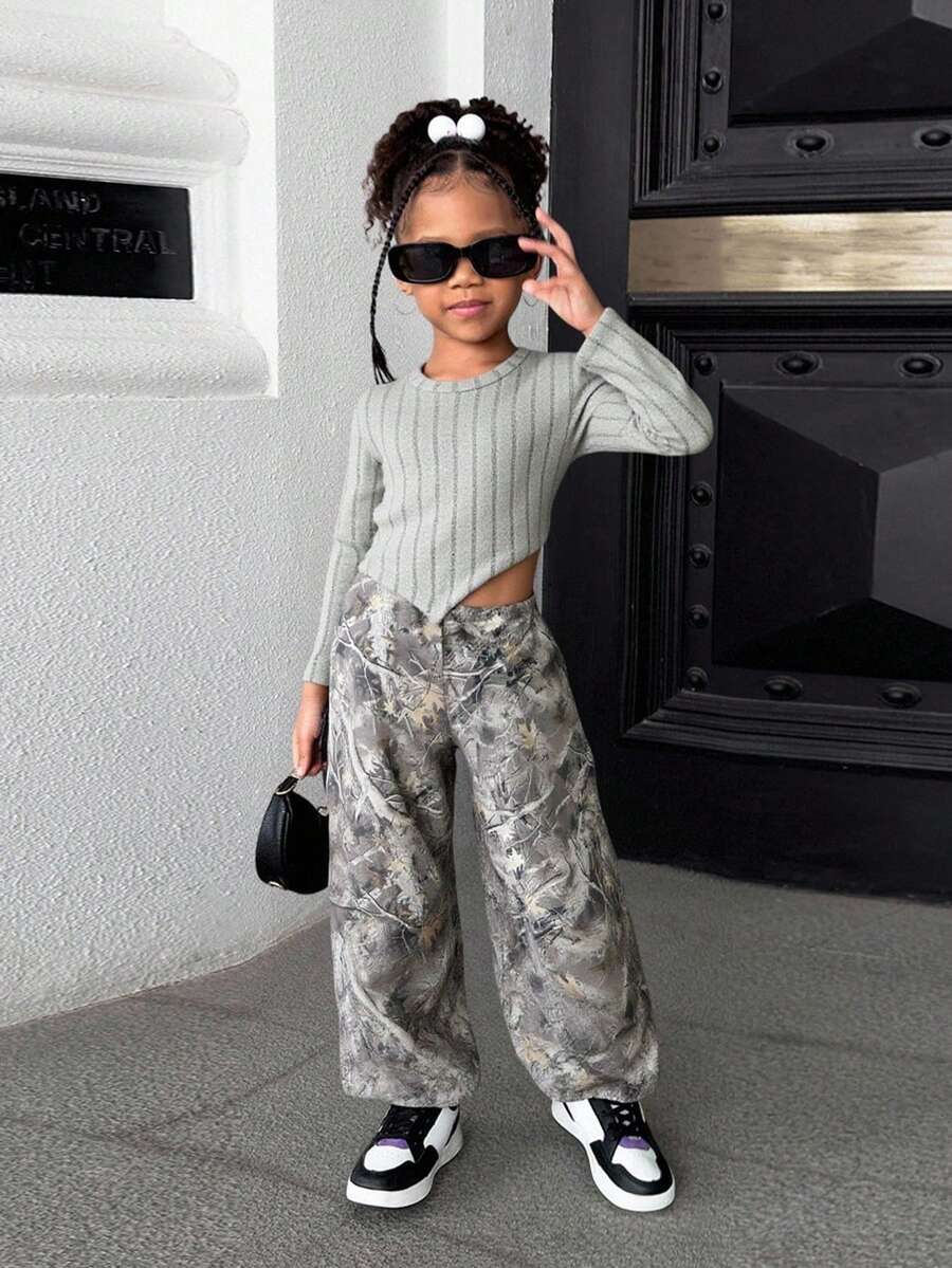 SHEIN Young Girl Sports Casual Knit Long Sleeve Top And Leaf Print Long Pants Set - Light Grey - View 1