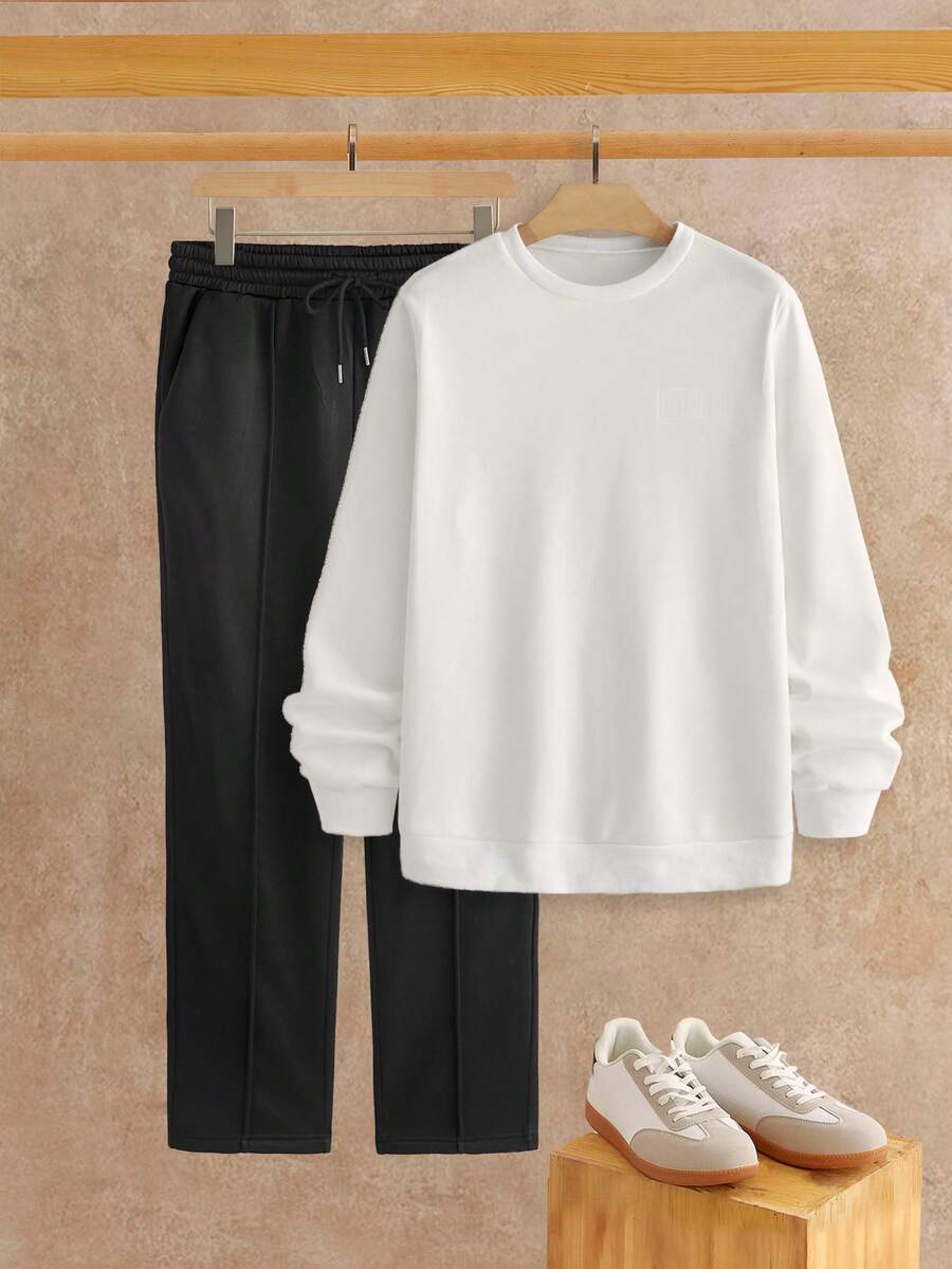 Mainfolk Men's Casual Solid Color Crew Neck Long Sleeve Sweatshirt And Pants Set - Multicolor - View 1