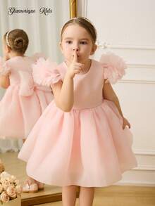 Glamorique Kids 女孩生日派对婚礼花童礼服，无袖圆领柔粉色花裙，优雅天鹅绒缎面蓬松公主裙，腰带和 3D 蝴蝶结 - 粉色 - 查看 6