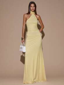SHEIN BAE Women's Elegant Pale Yellow Summer Wedding Guest Dress, Halter Backless Asymmetric Ruched Maxi Dress For Party Cocktail Formal Bridesmaid Event - Light Yellow - View 4