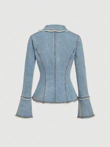 Sweetra 女士休闲水洗毛边收腰牛仔外套 - 藍色 - 查看 2