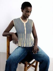 Maija Damski, jednorzędowy kardigan w paski z rozcięciem z przodu, odpowiedni do miejskich dojazdów, na co dzień, do biura, na elegancki strój, na zimowy sweter, na Boże Narodzenie, noworoczne przyjęcie i spotkanie, podstawowy ubiór wierzchni