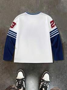 SHEIN 男童休闲日常舒适印花圆领撞色袖针织T恤，街头酷炫加州风，两件套长袖棒球衫，3T男童款，适合日常穿着、上学、旅行、运动，撞色拼接，二合一设计，适合春夏穿着，棒球长袖衫 - 白色 - 查看 2