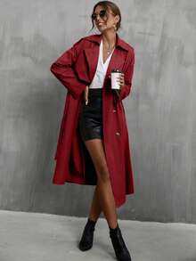 SHEIN Clasi Women's Solid Color Lapel NeckLong Sleeve Casual Long Trench Coat, Autumn - Burgundy - View 6
