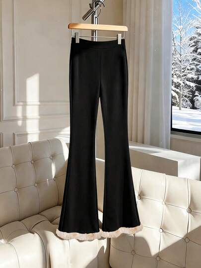 Lyxana 女士时尚优雅通勤风毛绒拼接低腰修身喇叭裤