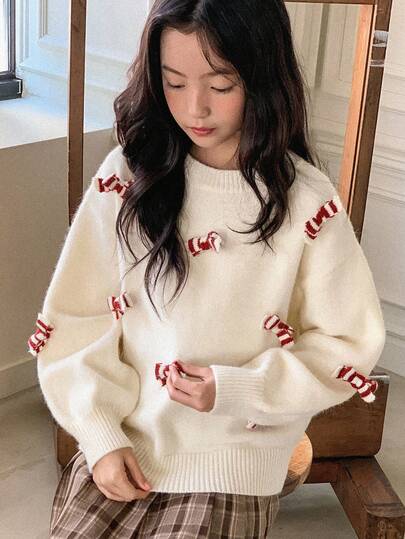 Dazy Kids Girls' Bow Decor Crew Neck Sweater, Fall Clothes