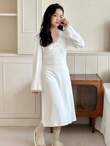 Dazy Kids Tween Girls V-Neck Knit Puff Sleeve Nightgown Loungewear - White - View 3