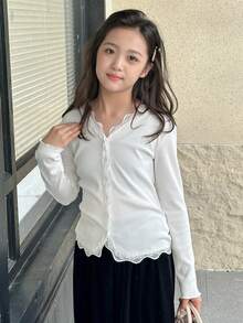 DAZY Tween Girls V-Neck Long Sleeve Knit T-Shirt, Fall - White - View 2