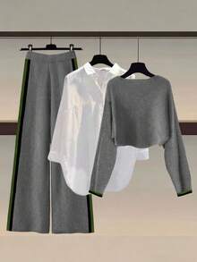 GlowEve 独特小众设计交叉灰色长袖针织毛衣女新款休闲宽松上衣搭配条纹阔腿裤女针织两件套