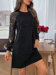 EMERY ROSE Women's Fashion Commuter Mesh Patchwork Mini Dress Black Glitter Dress Long Sleeve Elegant Dress Sparkly Black Dress Black Elegant Dress Women Black Sequin Dress Party Dress Lace Dress Going Out Outfit Fall Dresses Casual Dresses For Women,Party Dresses For Women,Christmas Party Dress New Year Dress New Year Clothes,Dresses For Women Elegant,Black Dress