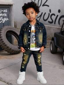 Bubblio Conjunto de 2 piezas de chaqueta de manga larga con cuello rasgado de denim azul y pantalones elásticos ajustados para niño pequeño - Azul lavado oscuro - Ver 3
