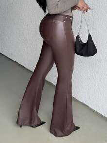 Alexandranx Pantalones acampanados de moda para mujer con ajuste estrecho y de unicolor para ocasiones informales - Marrón Chocolate - Ver 6
