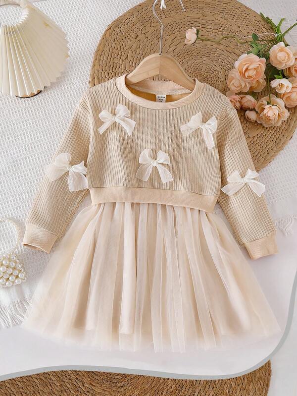 1pc Girls Butterfly Decor Round Neck Long Sleeve Mesh Hem Dress, Fresh & Elegant Fashion, Cute & Sweet, Suitable For Autumn/Winter