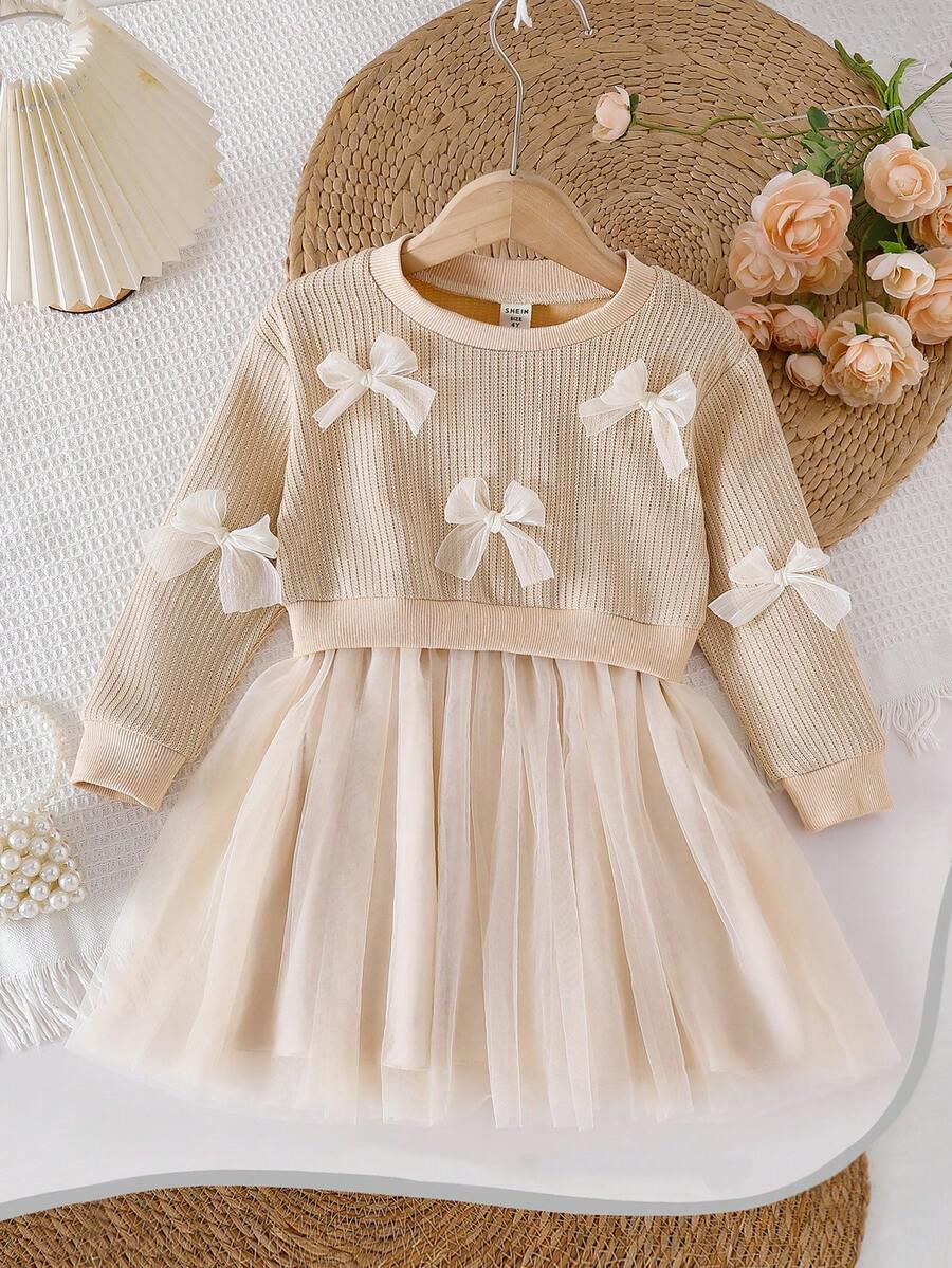 SHEIN Playful Pals 1pc Girls Butterfly Decor Round Neck Long Sleeve Mesh Hem Dress, Fresh & Elegant Fashion, Cute & Sweet, Suitable For Autumn/Winter