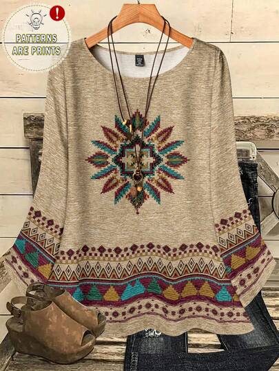 EMERY ROSE 大码女式休闲复古印花宽松圆领七分袖衬衫，适合秋冬季穿着。