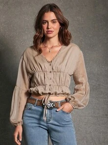 WESTFADE Áo crop top tay dài cổ chữ V cài nút phía trước chất liệu voan và ren hoa, eo rút, nhiều tầng, thu, đông, phong cách Boho, thường ngày, ngày lễ, giáng sinh, năm mới, hòa nhạc đồng quê, trang phục miền Tây - màu nâu - Xem 5