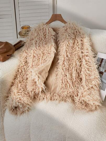 SHEIN Elegant Casual Faux Fur Jacket For Teen GirlVersatile For Autumn/Winter Outings, Walks, Shopping, Commuting, Can Be Paired With Long Sleeve Sweaters, Pants