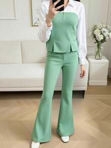 2pcs/Set Elegant Casual Striped Woven Patchwork Blouse Top And Black Slim Flare Pants Outfit, Suitable For Spring/Autumn, Teenage Girls - Mint Green - View 10
