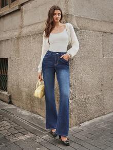 Selenza Quần jeans ống loe thêu hoa đính đá thời trang thường ngày cho nữ - Màu xanh lam - Xem 6