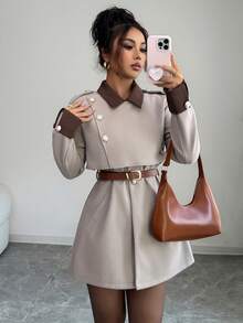 SHEIN PETITE 女士优雅奢华时尚厚外套，不含腰带 - 淺灰色 - 查看 3